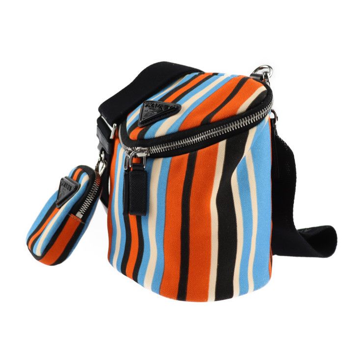 Prada Shoulder Bag 2 Vh147 Canvas Leather Orange Blue Ivory Black Silver — view 2