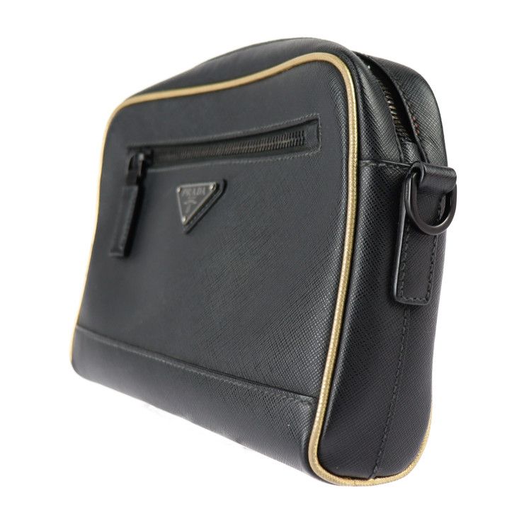Prada Shoulder Bag 2 Vh063 Saffiano Leather Black Gold Tone Triangle Logo — view 2