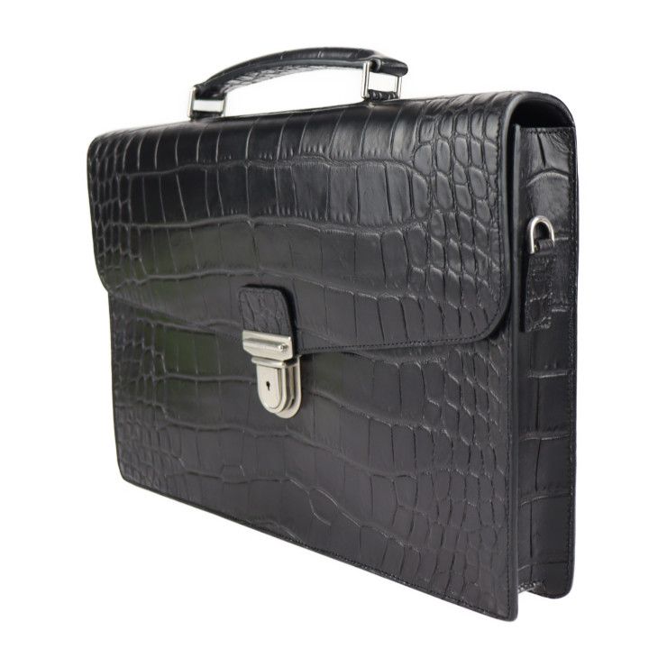 Celine Business Bag Croc Shape Pressed Leather Black Silver Hardware Portable — view 2