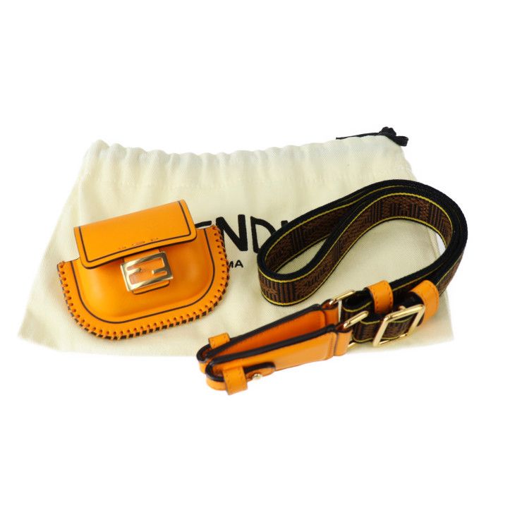Fendi Pico Baguette Bag Pouch 7 Ar946 Calf Leather Orange Gold Hardware Earphone — view 9
