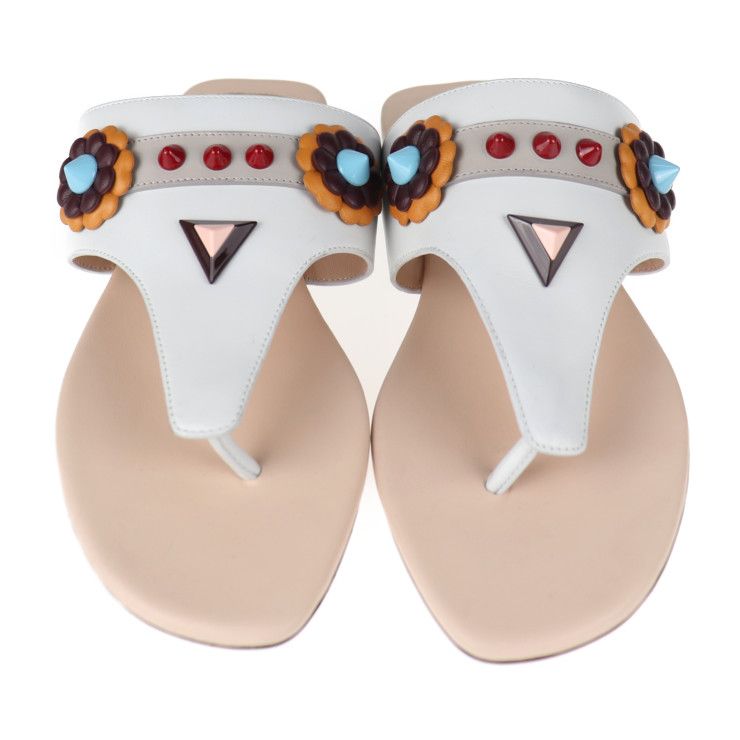 Fendi Thong Sandals Leather White Multicolor Flat Studded Reference Size — view 3