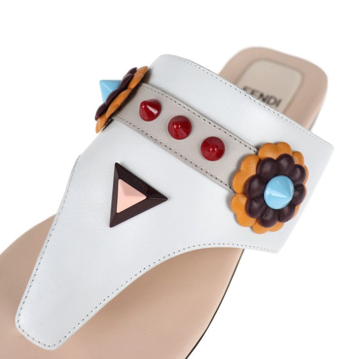 Fendi Thong Sandals Leather White Multicolor Flat Studded Reference Size — view 6