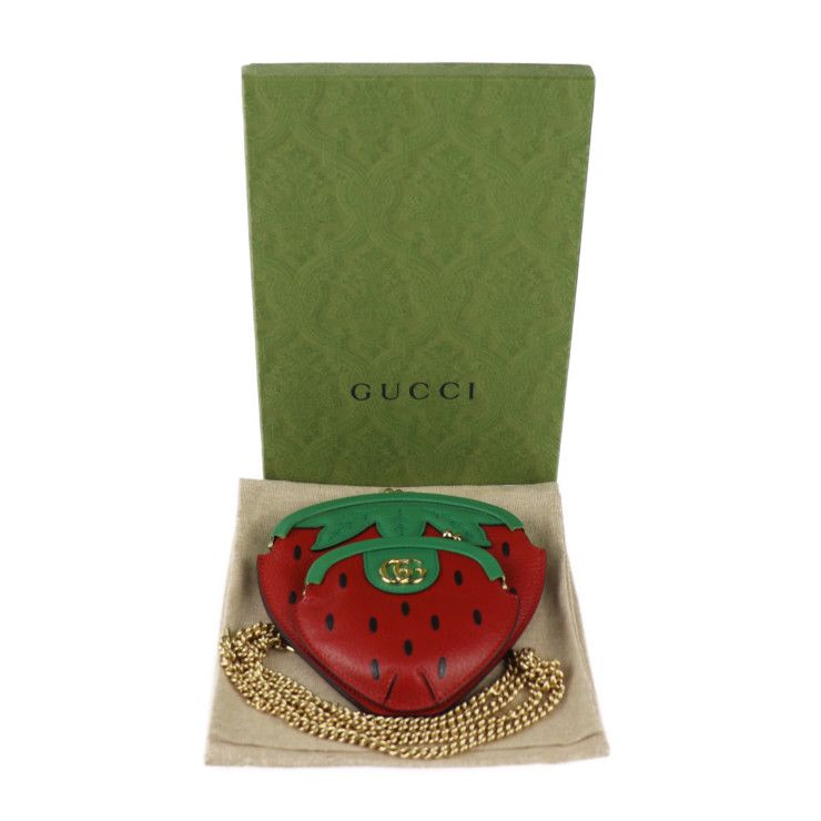 Gucci Strawberry Shape Pochette Shoulder Bag Leather Red Green — view 9