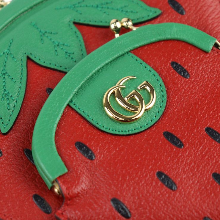 Gucci Strawberry Shape Pochette Shoulder Bag Leather Red Green — view 8