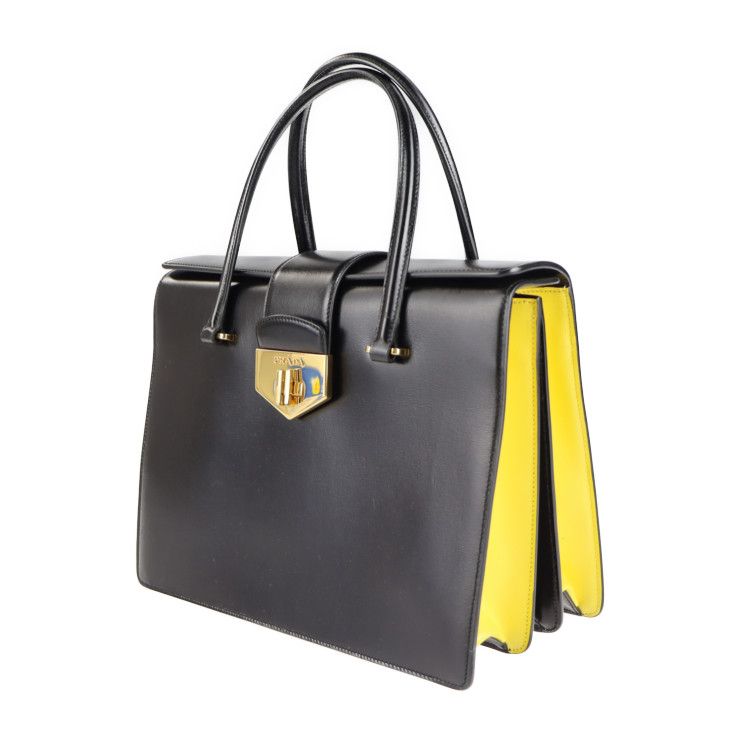 Prada Handbag B2725 C Box Calf Black Yellow Gold Hardware Turnlock — view 2