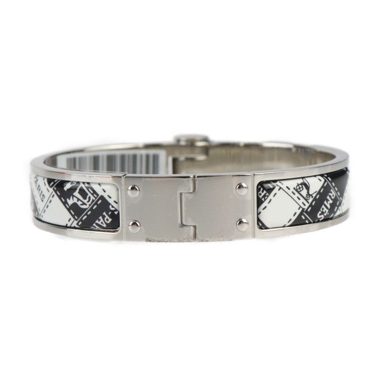 Hermes Charnires PM Bracelet Metal Cloisonne Silver Black White Bangle — view 4