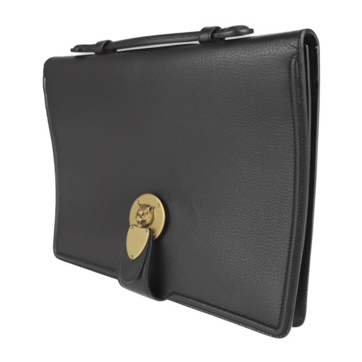 Gucci Cat Head Business Bag Leather Black Gold Hardware Clutch — view 2