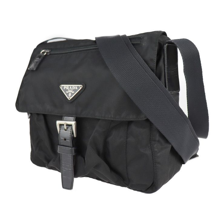 Prada Shoulder Bag B8994 Nylon Leather Black Silver Hardware VELA Triangle Logo — view 2