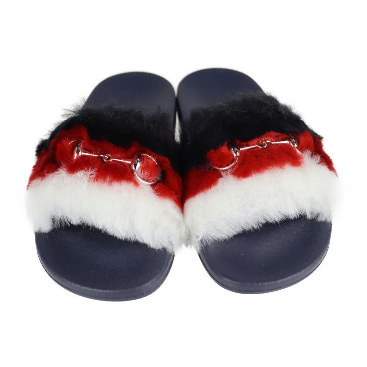 Gucci Horsebit Sandals 30 Faux Fur Rubber Navy Black Red — view 3