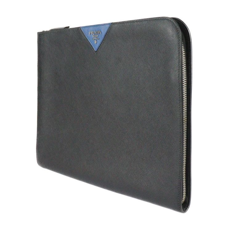Prada Document Case Second Bag 2 Vn003 Leather Black Blue Silver Hardware — view 2