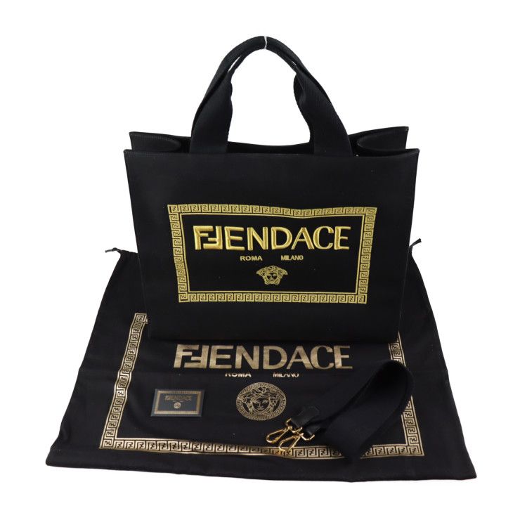 Fendi Tote Bag 7 Va558 Canvas Black Gold Fendace Versace Collaboration 2-Way — view 9