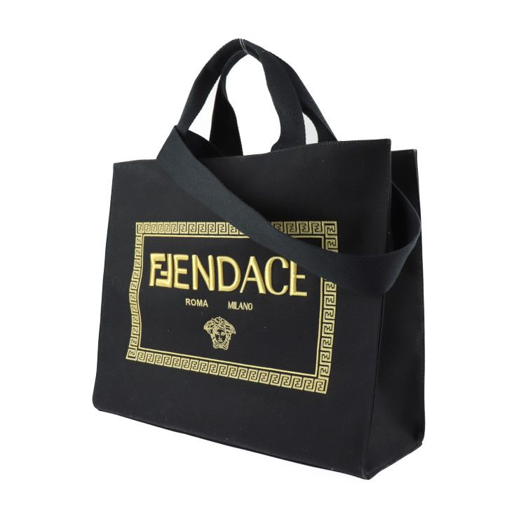 Fendi Tote Bag 7 Va558 Canvas Black Gold Fendace Versace Collaboration 2-Way — view 2