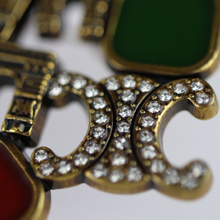Celine Pin Brooch Metal Rhinestones Gold Red Green Blue Triomphe Vintage — view 5