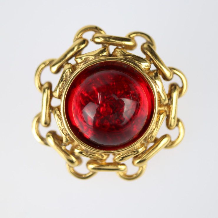 Chanel Gripoix Round Earrings Metal Bijoux Gold Red With Clip Vintage — view 6