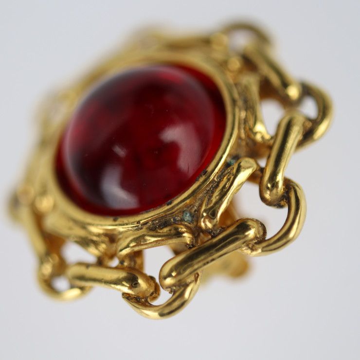 Chanel Gripoix Round Earrings Metal Bijoux Gold Red With Clip Vintage — view 8