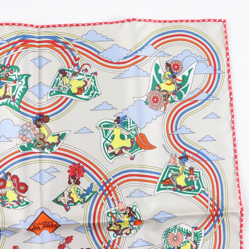 Hermes Carre 45 Volants Flying 100% Silk GRIS Per-e VERT JA Scarf — view 4