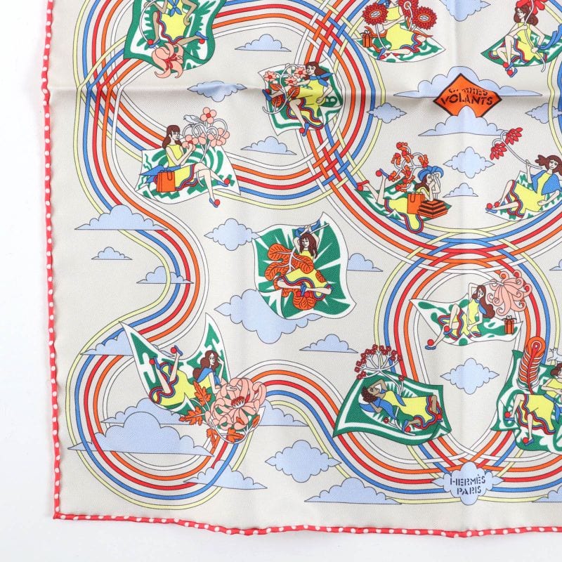 Hermes Carre 45 Volants Flying 100% Silk GRIS Per-e VERT JA Scarf — view 6