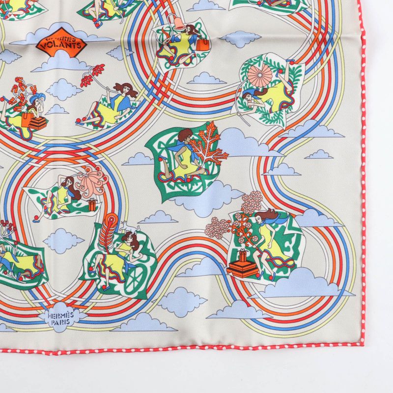 Hermes Carre 45 Volants Flying 100% Silk GRIS Per-e VERT JA Scarf — view 5