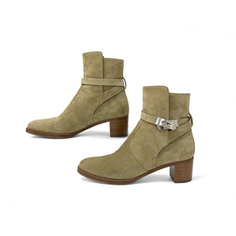 Hermes Frenchie Boots Short Shoes Suede Beige Silver Kelly Hardware — view 3