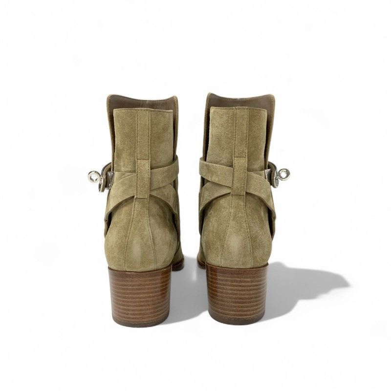 Hermes Frenchie Boots Short Shoes Suede Beige Silver Kelly Hardware — view 5