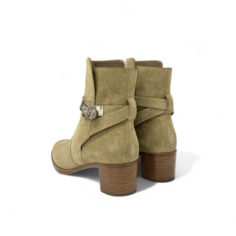 Hermes Frenchie Boots Short Shoes Suede Beige Silver Kelly Hardware — view 4