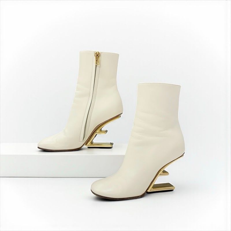 Fendi First Boots Short Shoes Leather Ivory Gold Metal Heel FF Logo — view 2