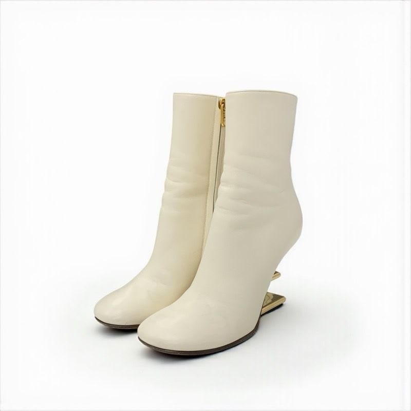 Fendi First Boots Short Shoes Leather Ivory Gold Metal Heel FF Logo — view 3