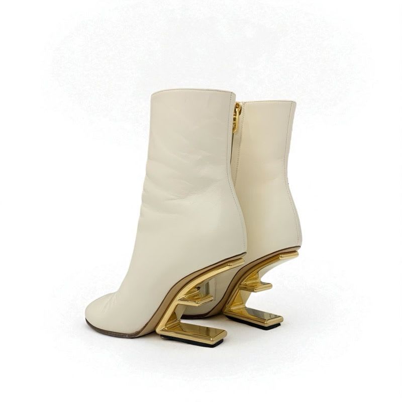 Fendi First Boots Short Shoes Leather Ivory Gold Metal Heel FF Logo — view 5