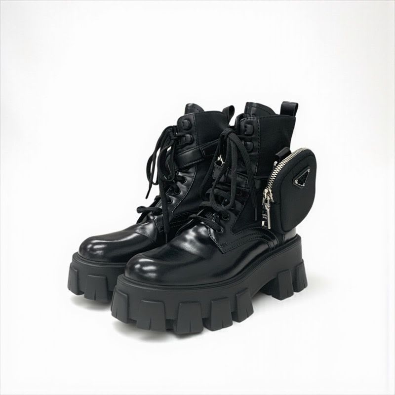 Prada Monolith Boots Short Shoes Leather Nylon Black With Pouch Triangle — view 2