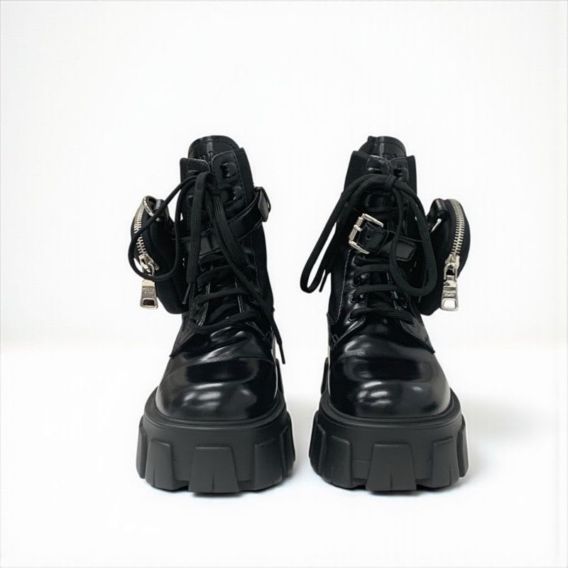 Prada Monolith Boots Short Shoes Leather Nylon Black With Pouch Triangle — view 3