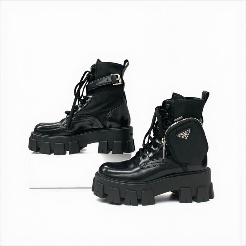 Prada Monolith Boots Short Shoes Leather Nylon Black With Pouch Triangle — view 4