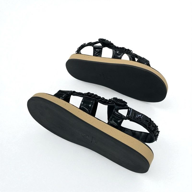 Chanel Sandals Shoes Leather Black Coco Mark Chain Velcro — view 6