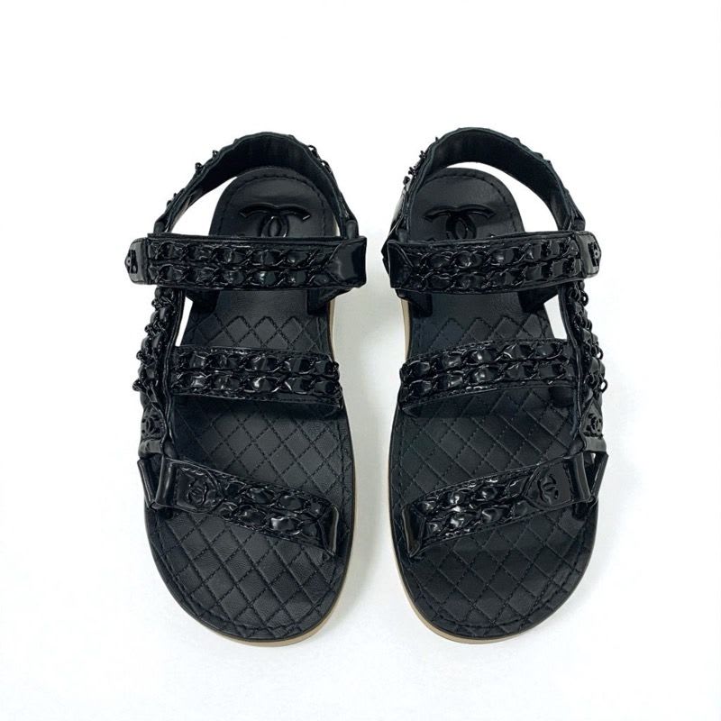 Chanel Sandals Shoes Leather Black Coco Mark Chain Velcro — view 2
