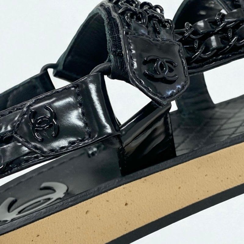 Chanel Sandals Shoes Leather Black Coco Mark Chain Velcro — view 9