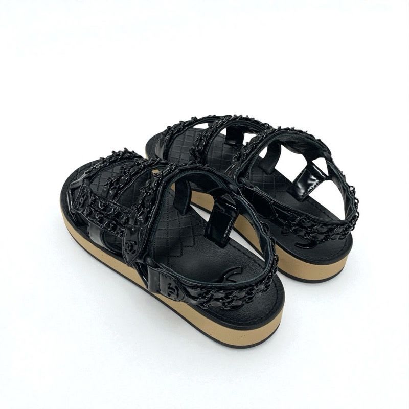 Chanel Sandals Shoes Leather Black Coco Mark Chain Velcro — view 4