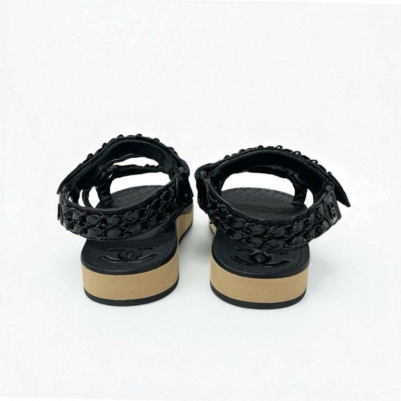 Chanel Sandals Shoes Leather Black Coco Mark Chain Velcro — view 5