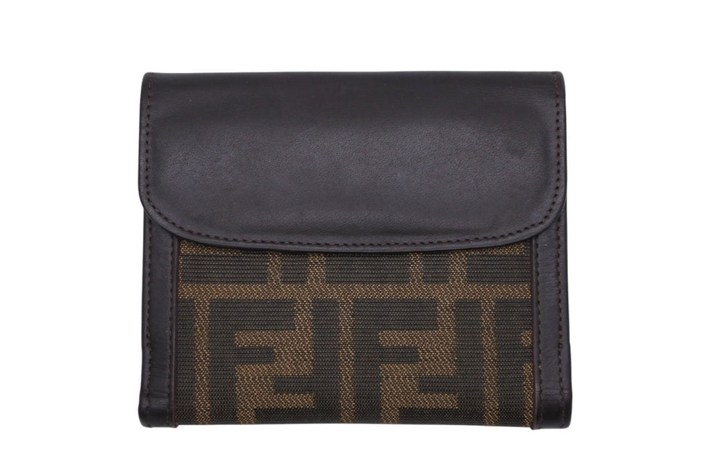 Fendi Zucca Pattern Bifold Wallet Compact Canvas Leather Brown