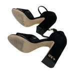 Louis Vuitton Donna Line Sandals Shoes Patent Suede Black Gold Logo — view 6