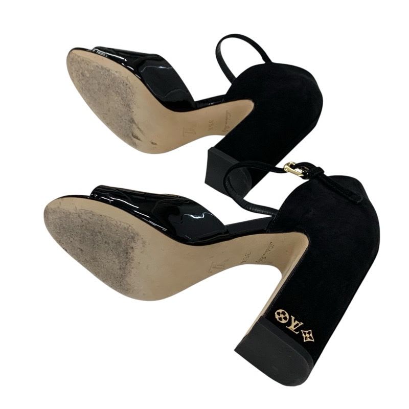 Louis Vuitton Donna Line Sandals Shoes Patent Suede Black Gold Logo — view 6