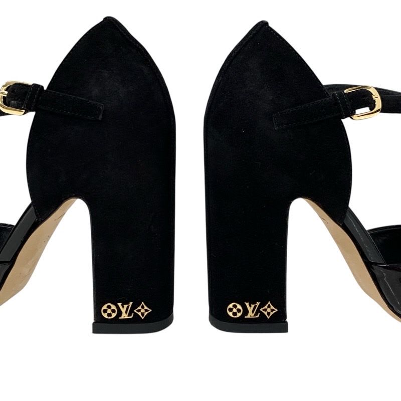 Louis Vuitton Donna Line Sandals Shoes Patent Suede Black Gold Logo — view 9