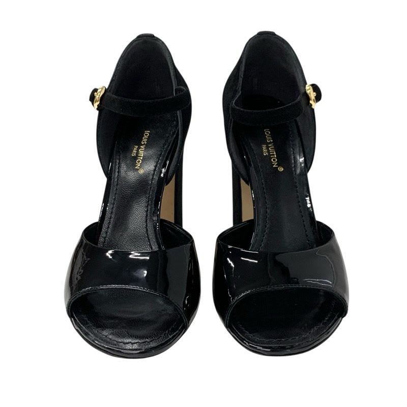 Louis Vuitton Donna Line Sandals Shoes Patent Suede Black Gold Logo — view 2