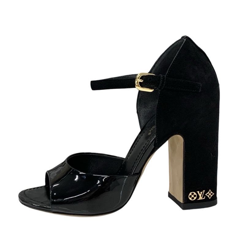 Louis Vuitton Donna Line Sandals Shoes Patent Suede Black Gold Logo — view 3