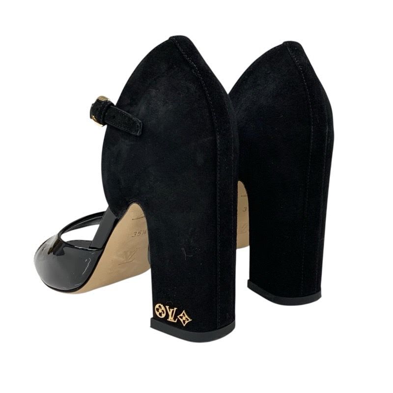 Louis Vuitton Donna Line Sandals Shoes Patent Suede Black Gold Logo — view 4