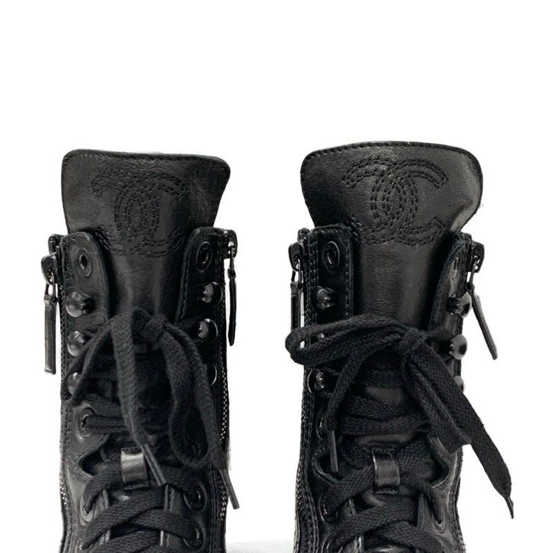 Chanel Boots Short Shoes Leather Black Coco Mark Quilted Logo Lace Up — view 9