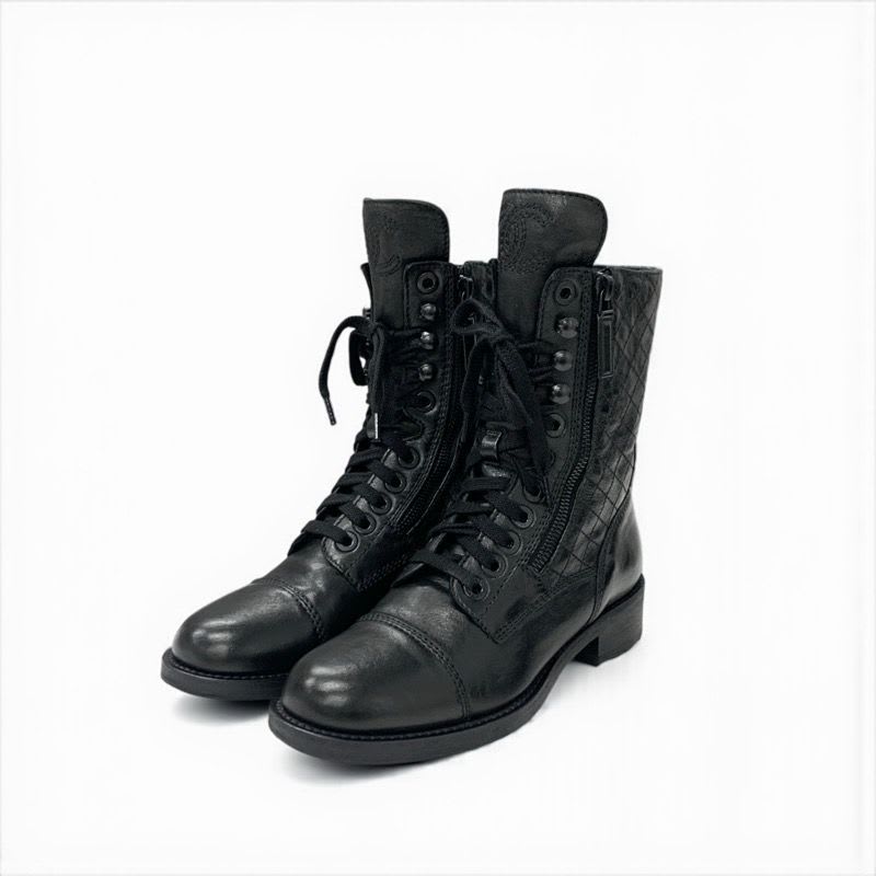 Chanel Boots Short Shoes Leather Black Coco Mark Quilted Logo Lace Up — view 2