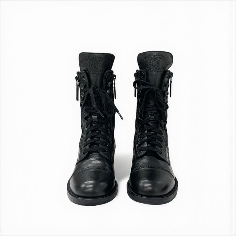 Chanel Boots Short Shoes Leather Black Coco Mark Quilted Logo Lace Up — view 3