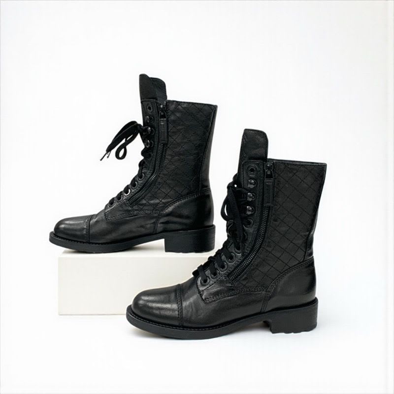 Chanel Boots Short Shoes Leather Black Coco Mark Quilted Logo Lace Up — view 4