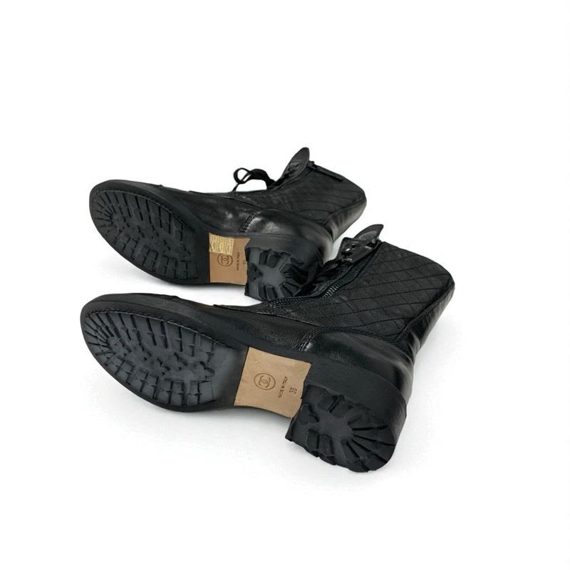 Chanel Boots Short Shoes Leather Black Coco Mark Quilted Logo Lace Up — view 6