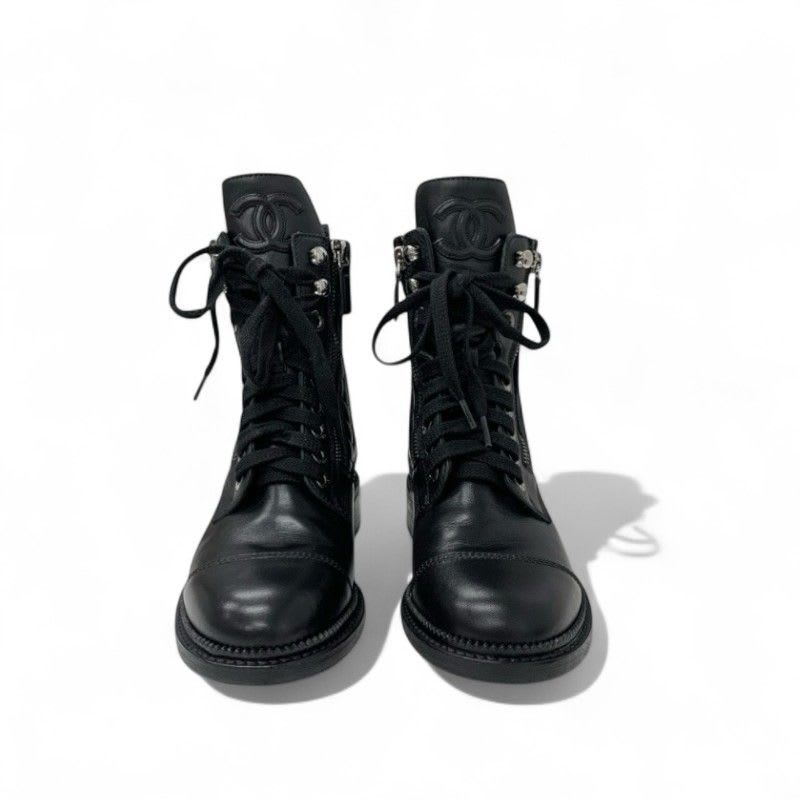 Chanel Boots Short Shoes Leather Black Quilted Lace Up Coco Mark — view 2