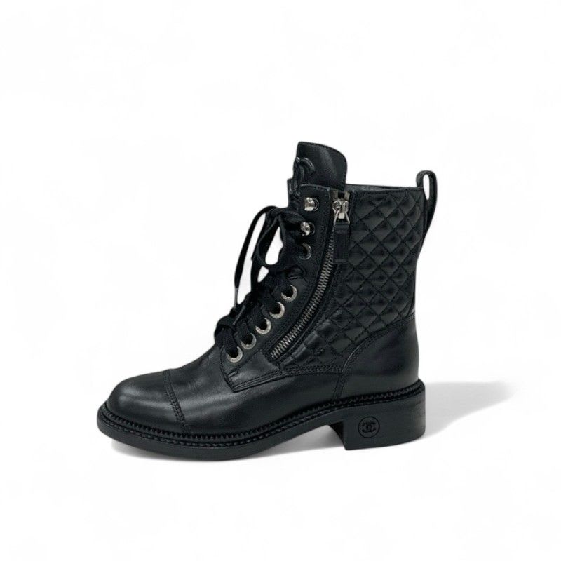 Chanel Boots Short Shoes Leather Black Quilted Lace Up Coco Mark — view 3
